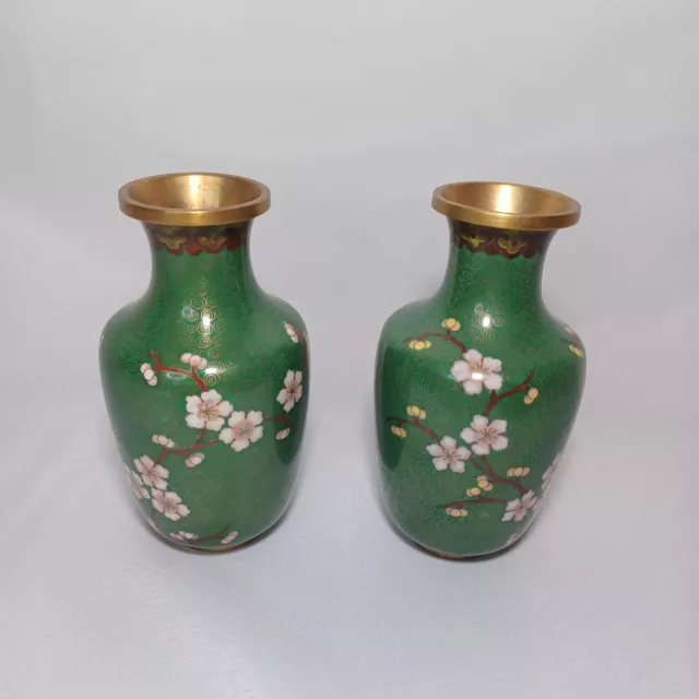 Vintage Pair Chinese Cloisonne Jade Green 6.5" Vases Enameled  Cherry Blossom