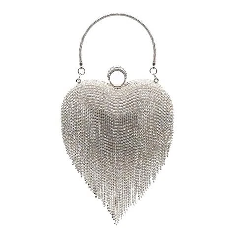 Women Luxury Cute Heart Shape Tassel Evening Clutch Bag Rhinestones Silver