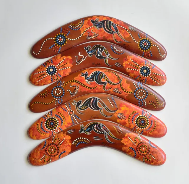 5 x Australian Handcrafted-Painted Boomerang Aboriginal Art- Quality Timber- 12"