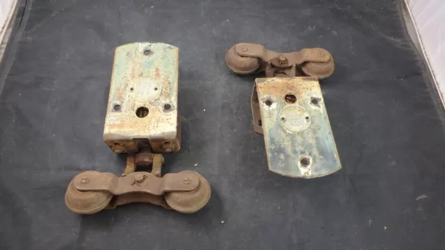 Two 2 Antique Cannon Ball Barn Door Rollers Hangers with Brackets BRASS TAGS #2