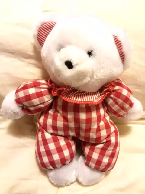 Doudou Peluche vintage ours  Blanc Vichy Rouge Col 26cm Nounours exc etat
