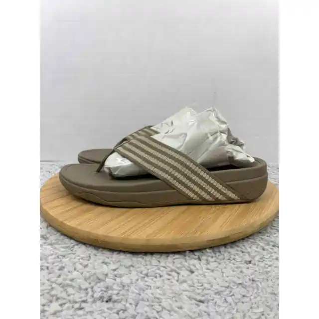 Fitflop Surfa Wedge Sandals Womens 10 Brown Striped T-Strap Casual Toe-Post