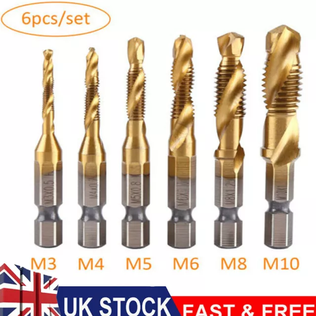 6 Pcs M3-M10 Drill Spiral Tap Bits HSS 1/4'' Hex Shank Metric Thread Cutter UK