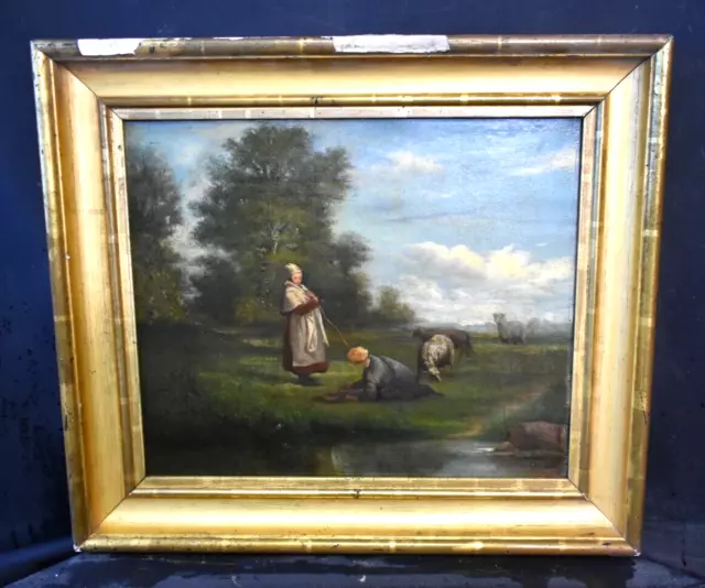 Tableau ancien huile paysage animé les glaneuses signé époque XIXème