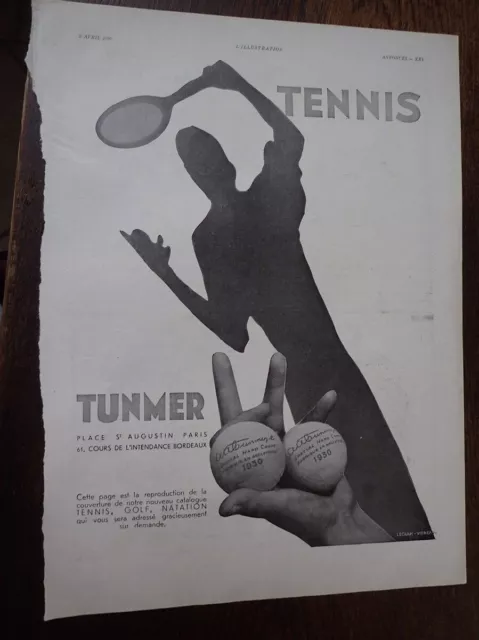 TUNMER tennis photo A VIGNEAU + Aspirine BAYER  pub papier ILLUSTRATION 1930