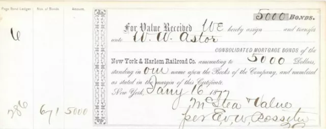 New York and Harlem Railroad Co. Issued to W.W. Astor - Railway Bond - Autograph