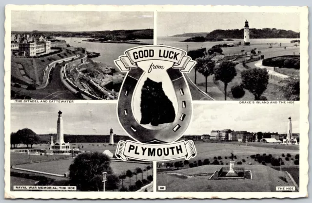 Postcard UK Devon Good Luck from Plymouth Greetings Multi View Horseshoe Cat