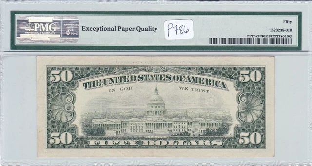 1985 Star $50 Federal Reserve Note Chicago PMG 50 EPQ AU About Unc FRN 3