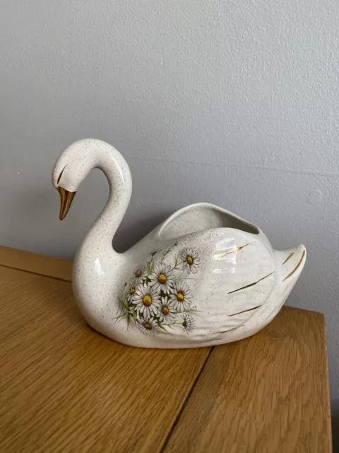 Kernewek Pottery Swan Vase Posy Bowl Planter Daisy Flower Pattern