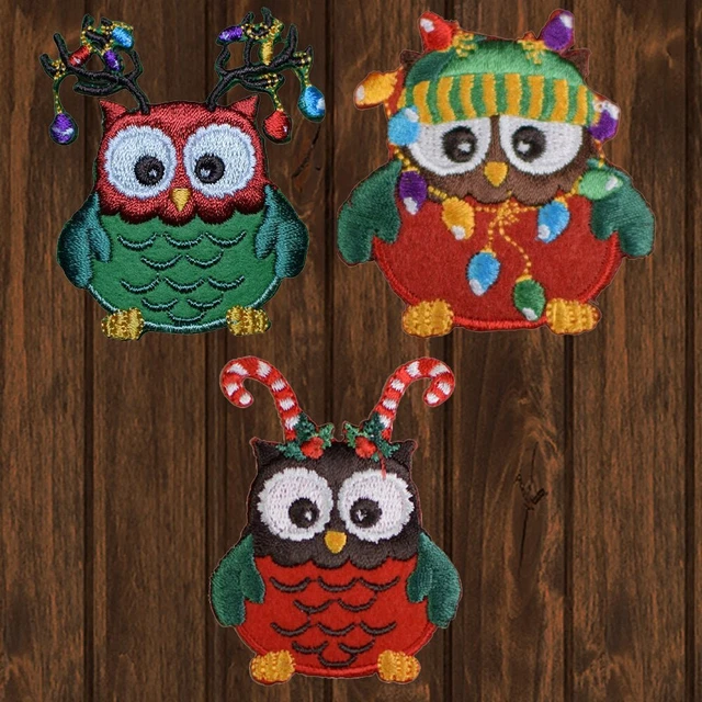Christmas Owls Embroidered Patch Set — 3-Pack — Iron On