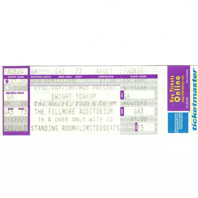 DWIGHT YOAKAM Concert Ticket Stub DENVER COLORADO 8/24/00 FILLMORE AUDITORIUM