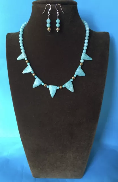 Amazonite triangles, rounds  & Hematite beaded necklace & earrings set