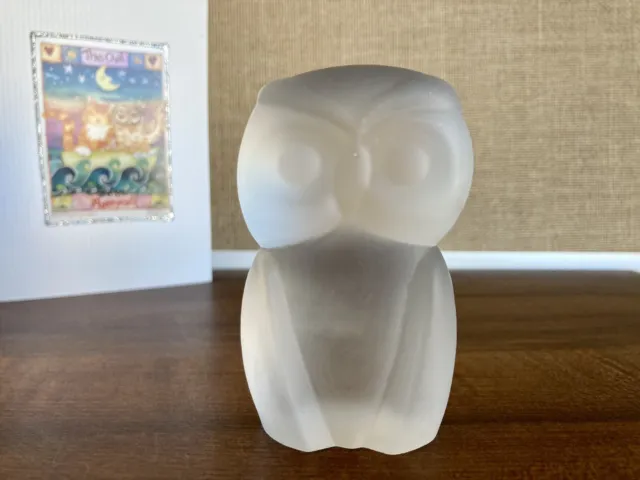 Vintage Owl Paperweight Figurine Frosted Crystal Glass 3.25" W. Germany/Owl Gift