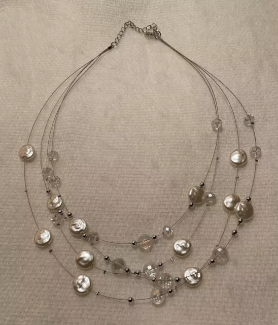 Silver Tone Faux Pearls And Beads 4 Strand  Necklace - Costume Jewelry - Pretty!