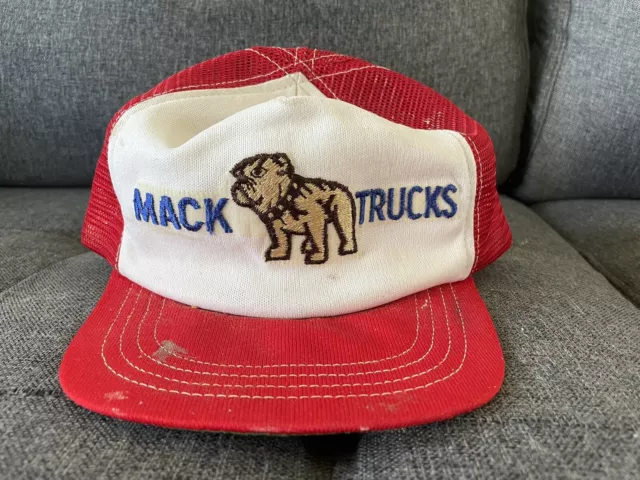 Vintage Mack Trucks Hat With Embroidered Bulldog Patch Red White SnapBack