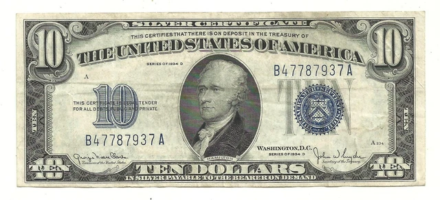 1934D $10 BLUE Seal SILVER Certificate! Old US Paper Money Currency! 2