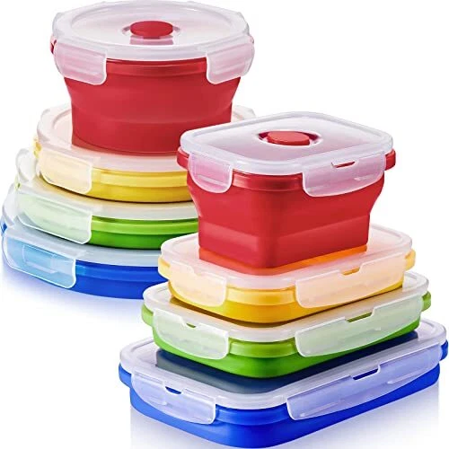 8 Pack Collapsible Food Storage Containers Silicone Lunch with Lids