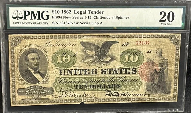 USA 1862 $10 Legal Tender FR#94 PMG 20 VF Rare Note. Great Price. Comment