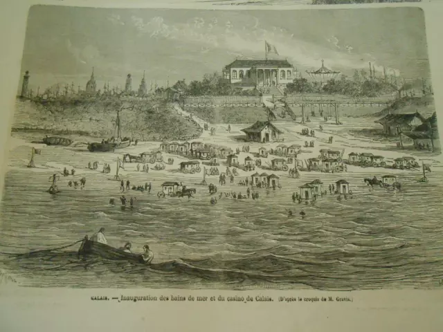 Gravure 1869 - Calais inauguration des bains de mer et du casino de Calais