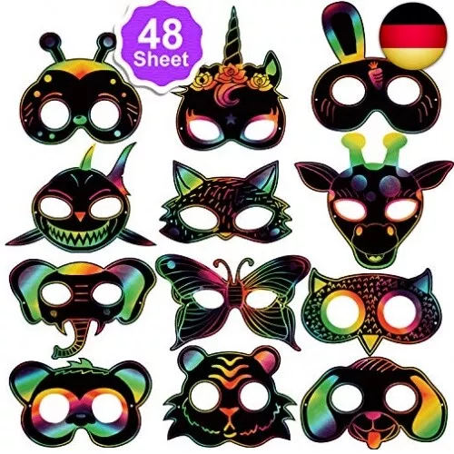 Qpout 48Stk. Scratch Art Masken für Kinder, Tiere Kratzbilder Masken Set mit