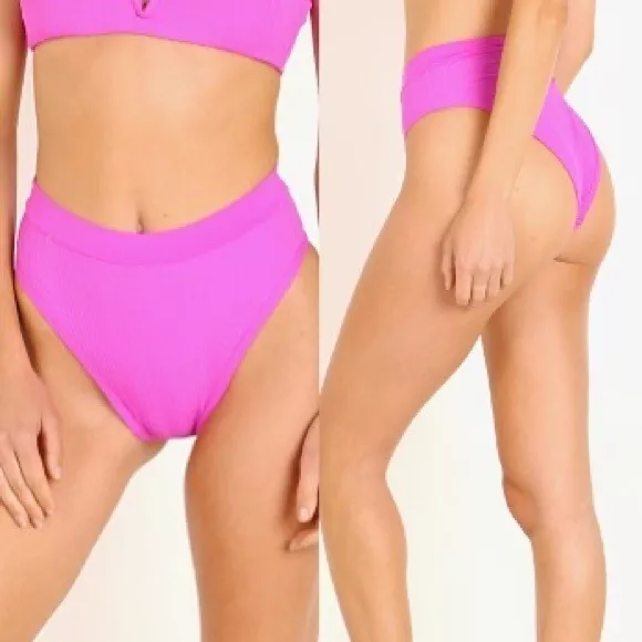 L*Space Pointelle Rib Frenchi Bikini Bottom in Bright Fuchsia Size Small NWT