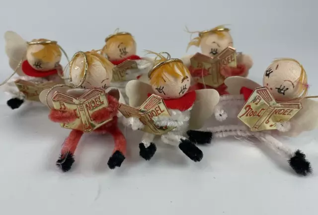 Noel Angels Christmas Ornaments Choir Of 6 Pipe Cleaner Singing Halos 1950s MCM