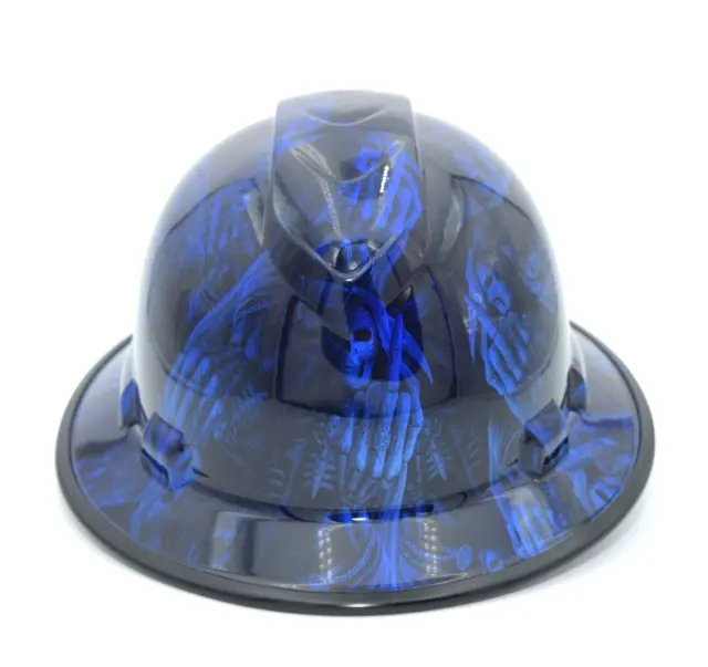 Wide Brim Hard Hat Hydro Dipped in Candy Blue 1 Finger Salue Skulls w/Brim Guard