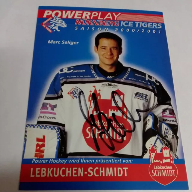 DEL Autogrammkarte Nürnberg ICE Tigers signiert Saison 2000/01 Marc Seliger