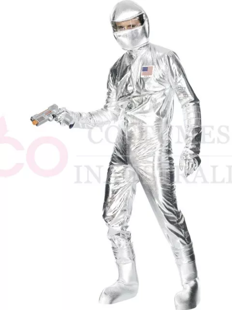 Mens Spaceman Costume Adult Astronaut Fancy Dress Space Man Nasa Silver Jumpsuit 2