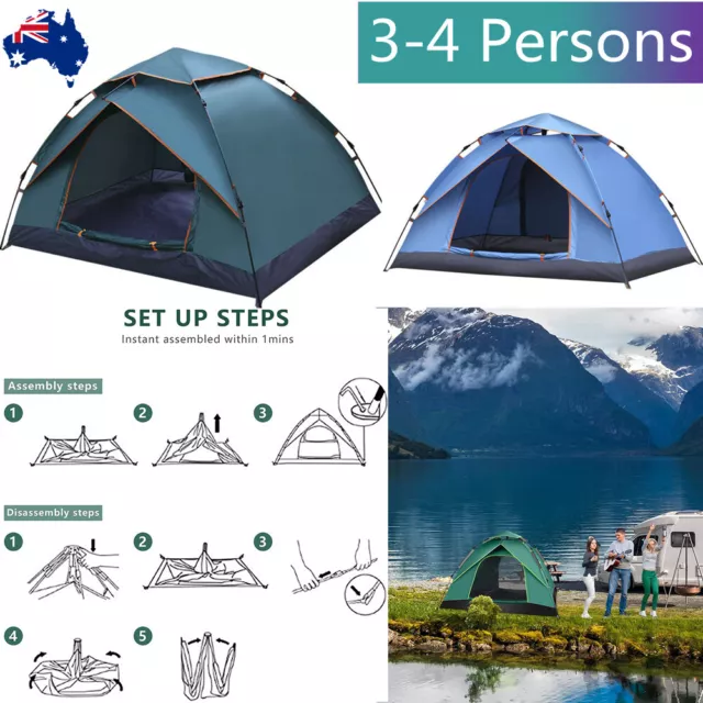 Instant Camping Tent 3-4 Person Pop up Family Hiking Dome Waterproof Shelter AU