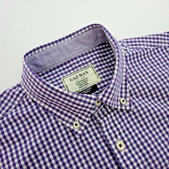 GAZMAN Mens Button Up Shirt Size Small Tailored Short Sleeve Purple White Check