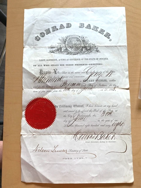 Conrad Baker Indiana Governor Signed 1868 Official Government Document Conrad Baker Indiana Governor Signed 1868 Official Government Document
