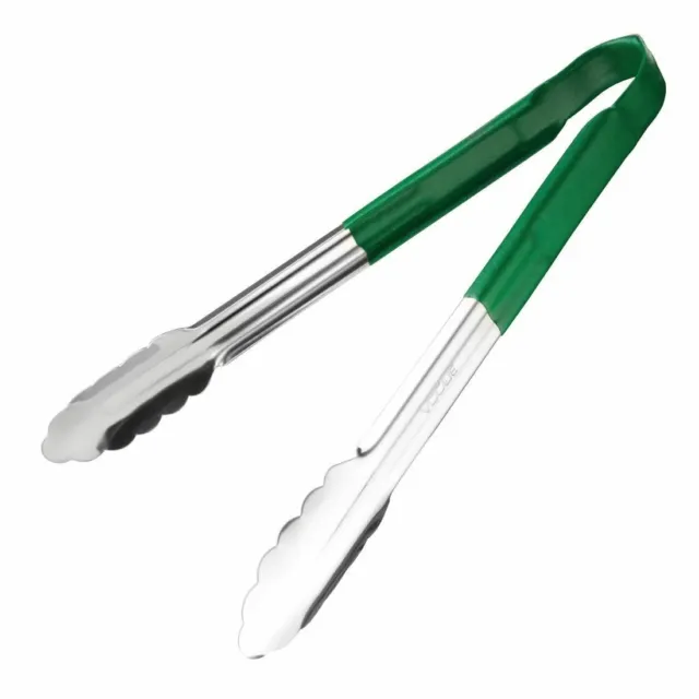 Vogue Serving Tongs in Green for Salad and Fruit - Stainless Steel - 290 mm