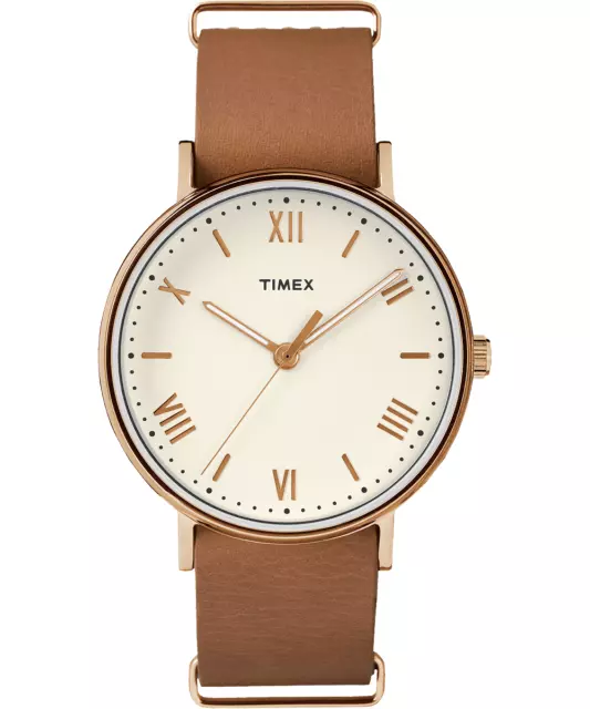 Timex Wristwatch Analog Southview 41 White Rose Gold-Tone Watch Tan Leather