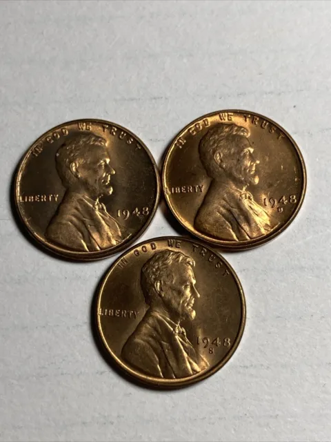 1948 P D S UNC BU Lincoln wheat cent type set / 3 coin lot US antique pennies