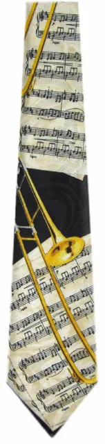 Men's Wind Instrument Trombone Musical Theme Black Gold White Novelty Necktie