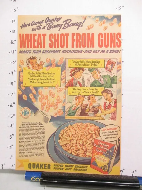 newspaper ad 1944 QUAKER Puffed Wheat Sparkies cereal box American Weekly
