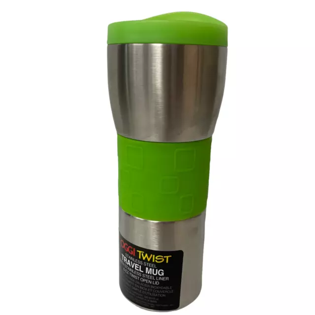OGGI Travel Mug With Lime Green Lid & Grip 16 Ounce Double Wall Stainless Steel