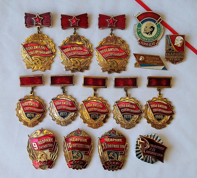 Soviet badge vintage Lot 15x USSR communist pins set Udarnik Five Plan winner
