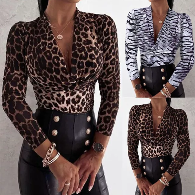 Womens Sexy V Neck Leopard Shirt Blouse Ladies Long Sleeve Stretch Slim Fit Tops 2