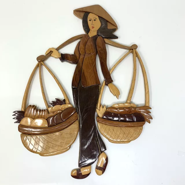 Vtg 16" MCM Asian Woman Carrying Fruit Food Baskets Wood Wall Hanging