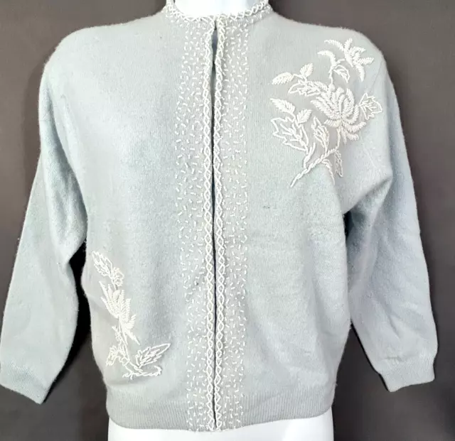 Vintage Hong Kong Blue Angora Wool Beaded Cardigan Sweater Size 40 Small FLAWS