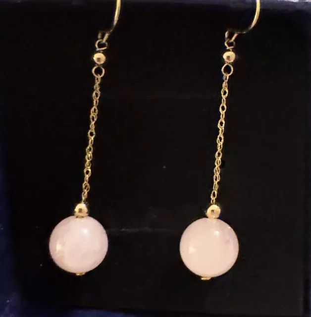 14K Solid Yellow Gold Natural Rose Quartz Dangle Drop Earrings Women’s Ladys