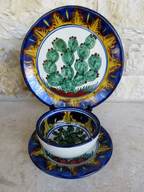 Talavera Rea Mexican Art Pottery 3 Pc Dinner Salad Cereal Hand Painted Cactus Bl