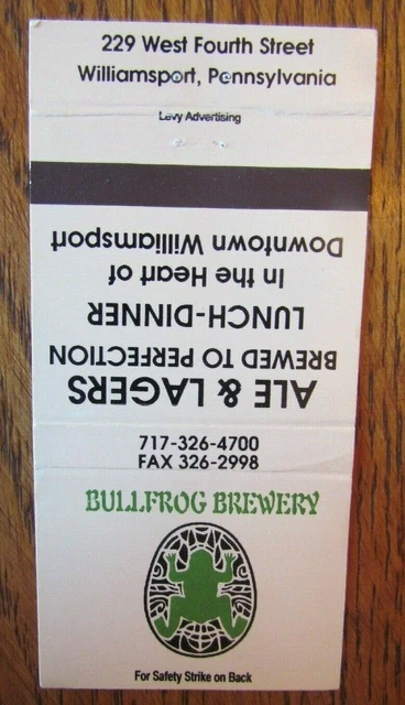 Bullfrog Brewery Brew Pub Matchbook Matchcover (Williamsport, Pennsylvania) -E1