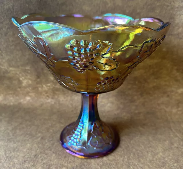 Large Indiana Glass Co. Amber Carnival Glass Harvest Grape Pedestal Fruit Bowl