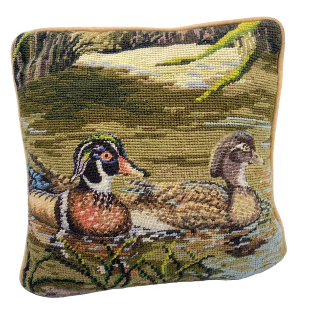 Vintage Duck Needle Point Throw Pillow Mallard Duck 10 X 10 Wool Velvet Wildlife