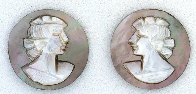One Pair Vintage Italian Hand Carved 15.1mm To 15.4mm Round Shell Cameo C22