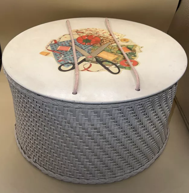 Vintage 1940s Princess Pink Wicker & Wood Round Floral Decal Sewing Basket Box