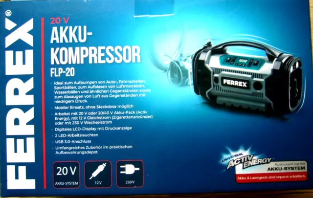 FERREX AKKU-KOMPRESSOR FLP-20 LCD-Display USB 20V/40V LED